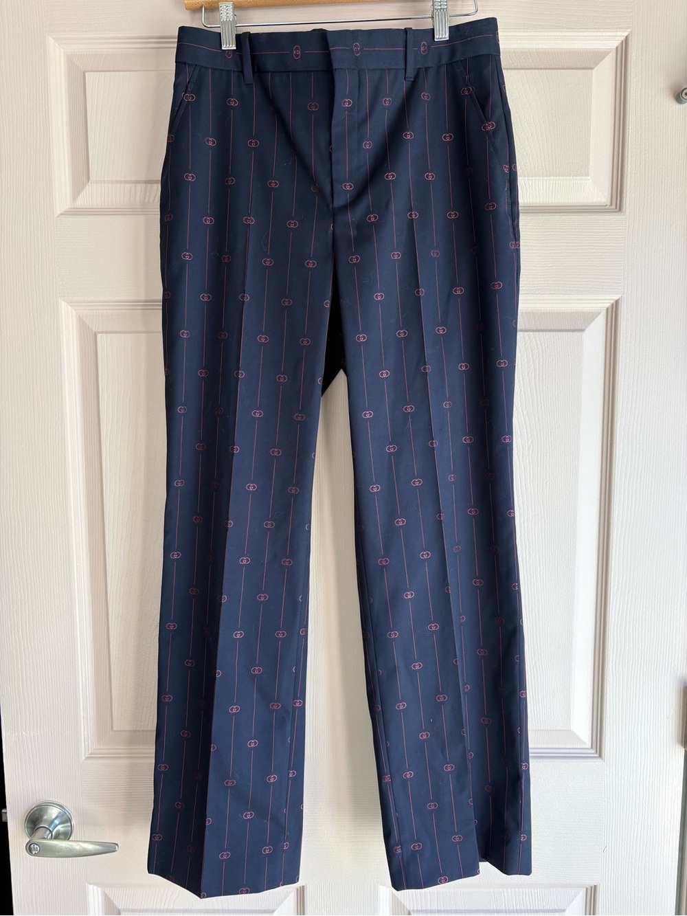 Women’s Gucci Navy Pinstripe Dress Pants with Subtle Pink Motif